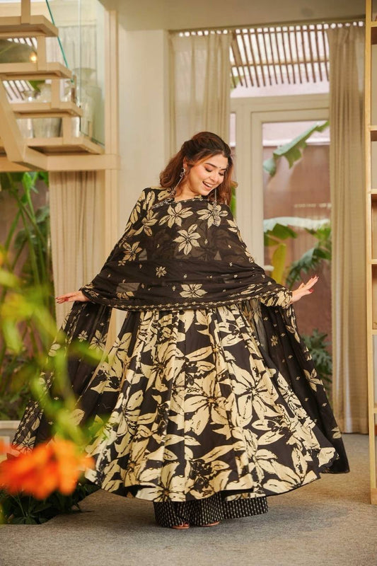 Black And Beige Floral Printed Anarkali Suit With Dupatta