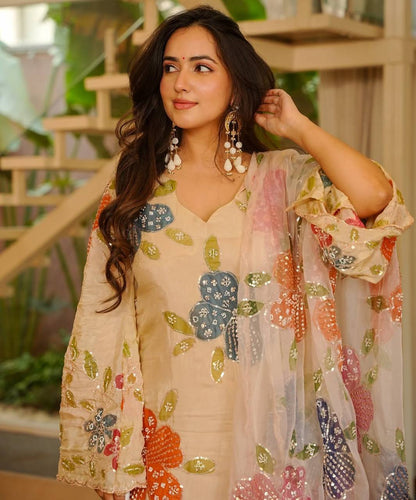 Cream Multicolor Floral Sequin Embroidered Sharara Suit Set
