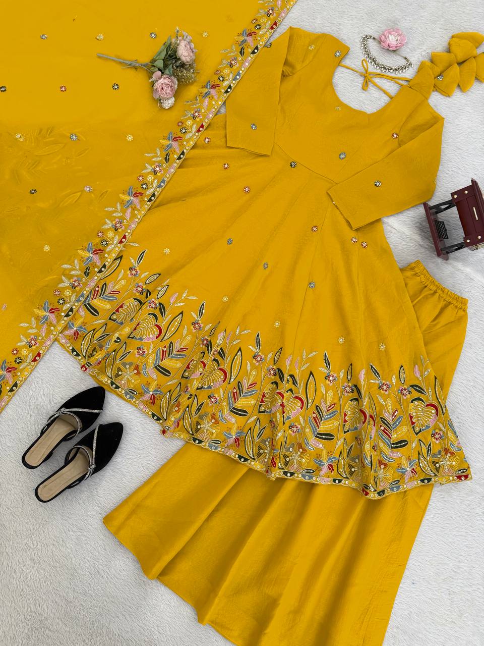 Yellow Embroidered Anarkali Suit With Floral Dupatta And Plazzo