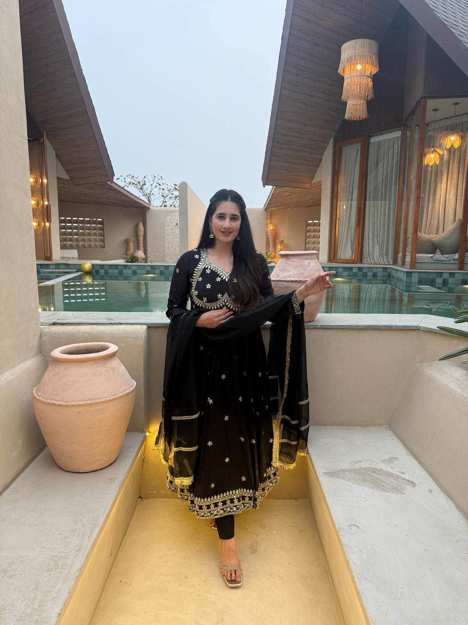 Elegant Black Anarkali Set With Gold Embroidery And Dupatta