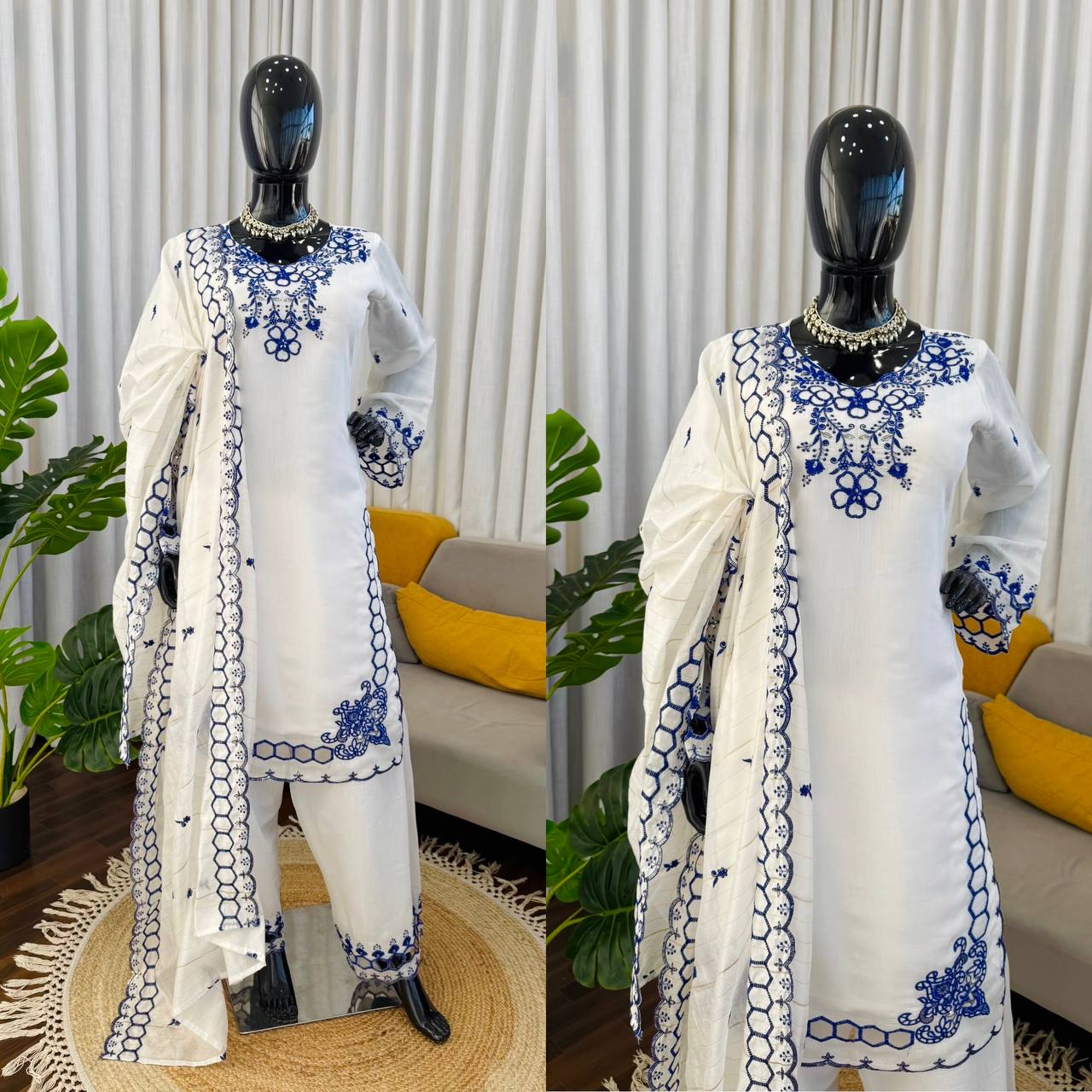 Red And White Cutwork Embroidered Straight Kurta Palazzo Set With Dupatta
