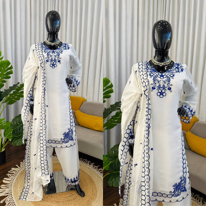 Red And White Cutwork Embroidered Straight Kurta Palazzo Set With Dupatta