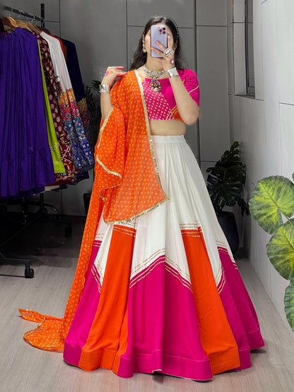 Orange Pink And White Colour Combination Navratri Lehenga Choli With Bandhani Dupatta