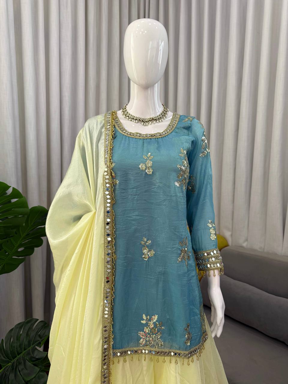 Ice Blue Embroidered Kurta With Plazo And Dupatta – Festive Contrast Set