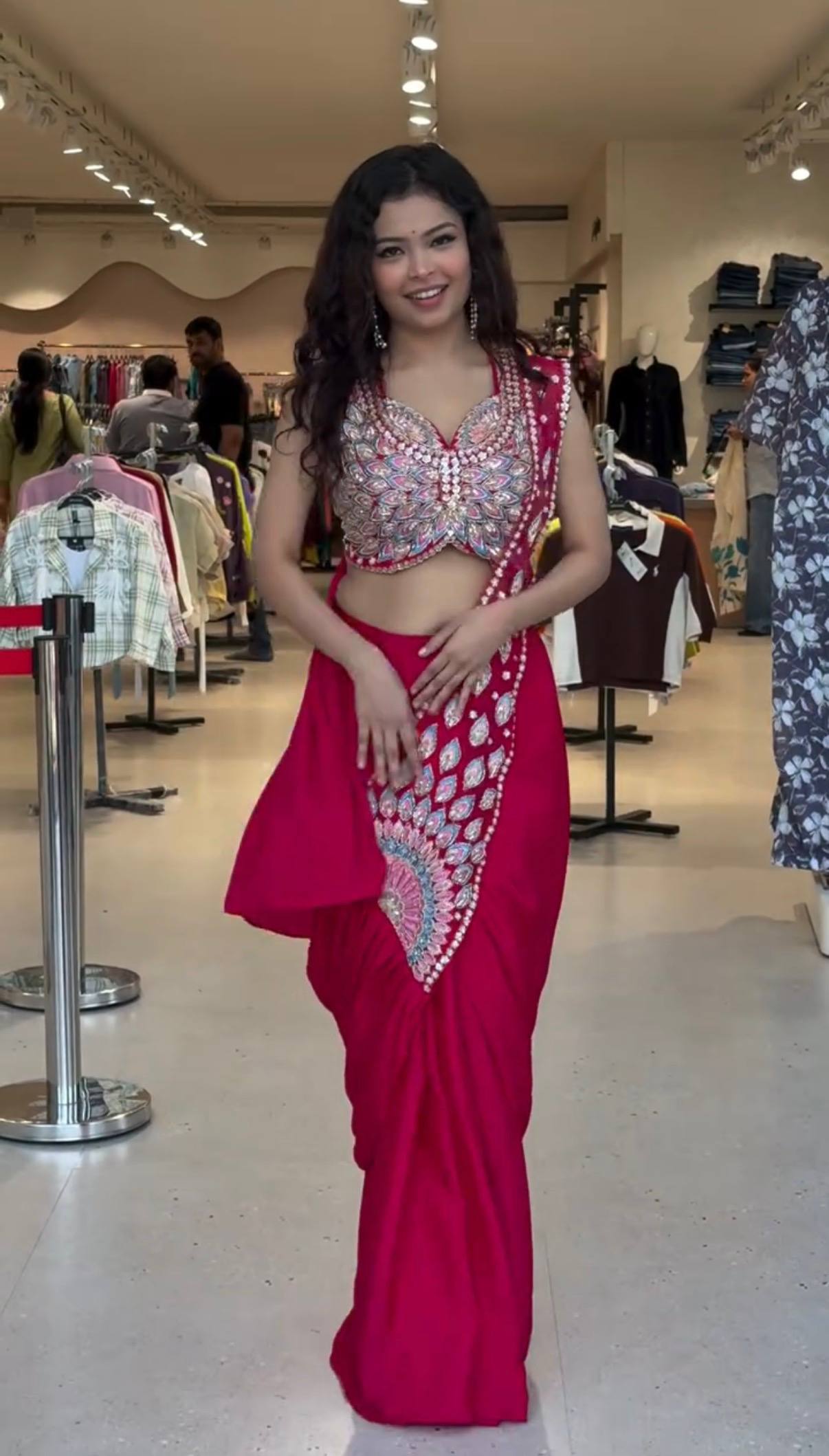 Red Pre-Draped Saree And Multicolour Embroidery Blouse