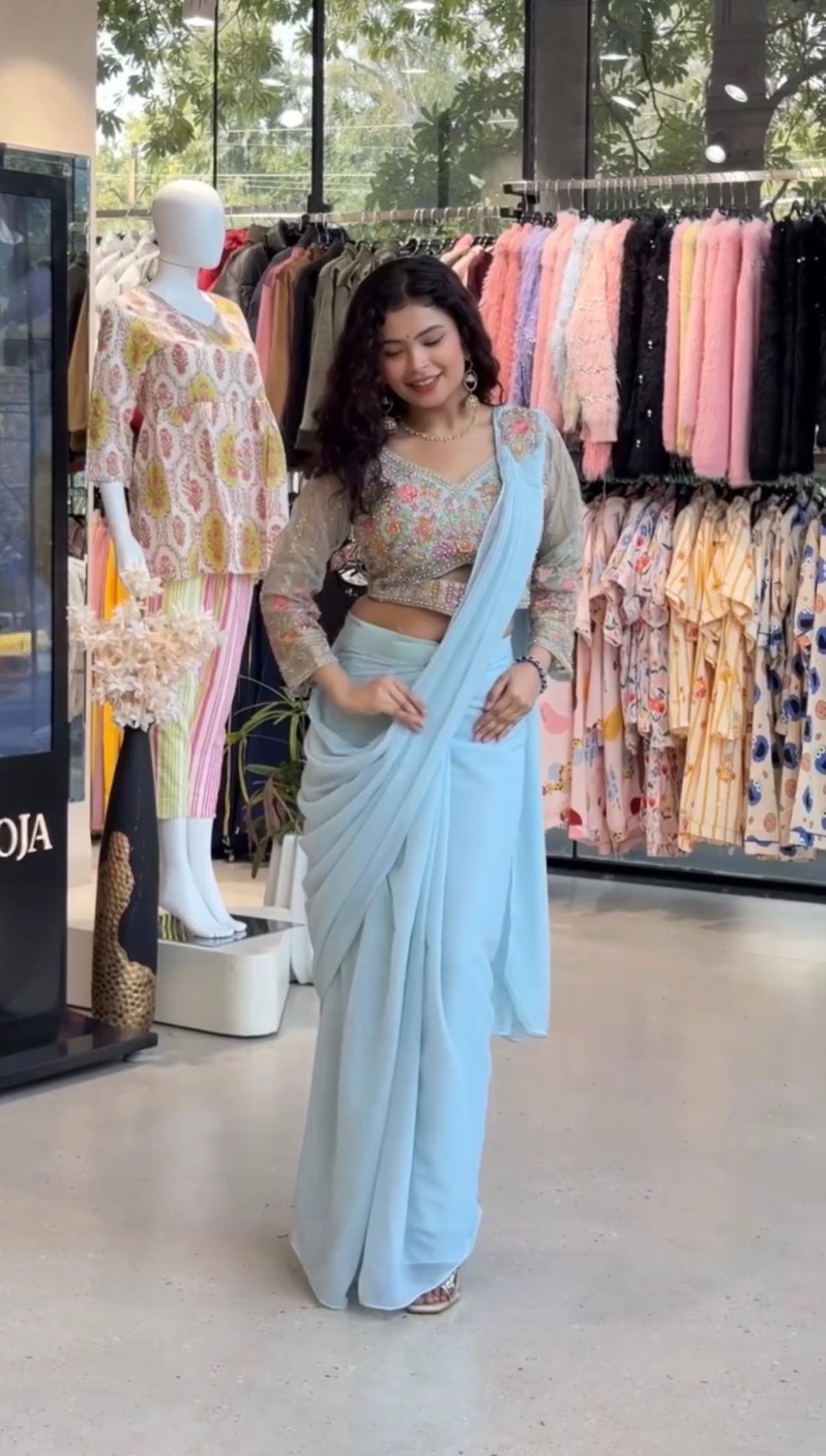 Draped Ready-To-Wear Light Blue Saree With Embroidered Floral Blouse