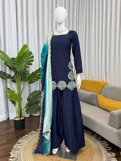 Navy Blue Farshi Suit With Sequnce Work And Shaded Dupatta