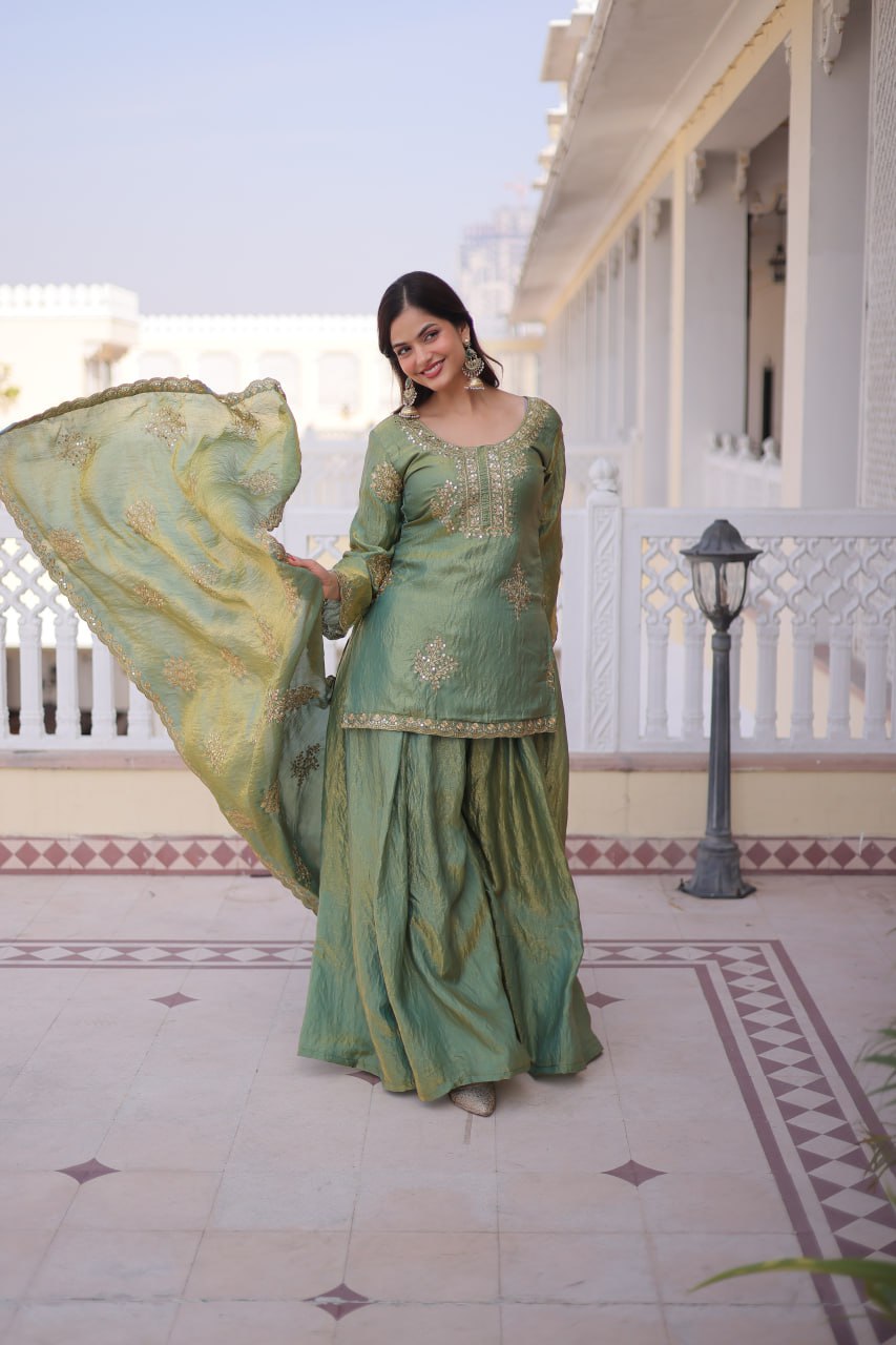 Embroidered Kurta Sharara Set with Zari Work And Dupatta