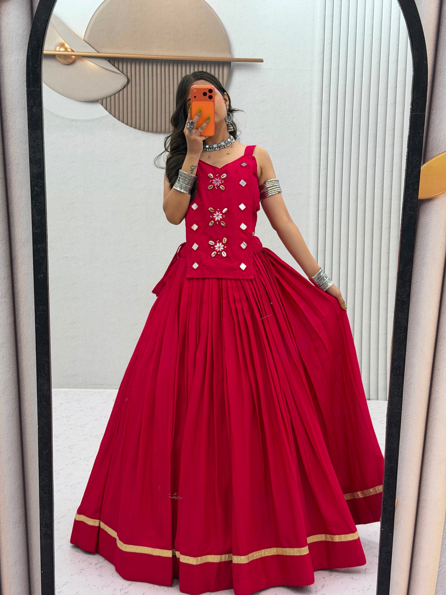 6 Meter Flair Rani Pink Plain Lehenga Choli With Mirror Work Jacket