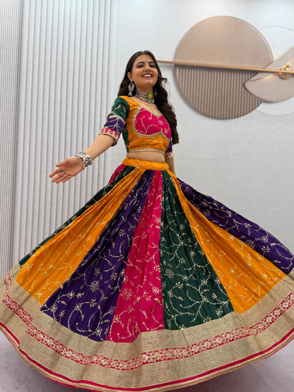 6 Meter Flair Multicolor Panelled Lehenga Choli With Embroidered Dupatta