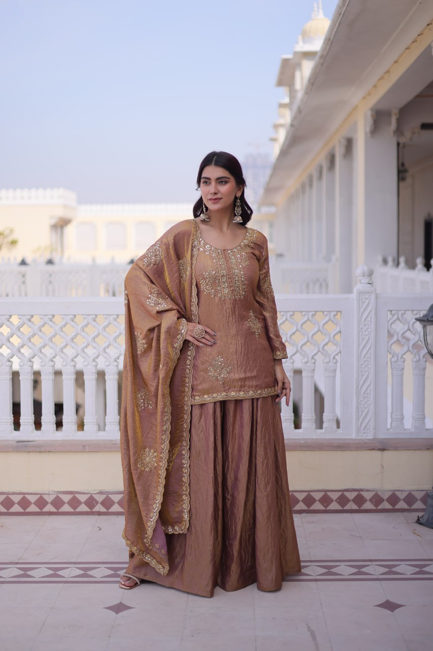 Embroidered Kurta Sharara Set with Zari Work And Dupatta