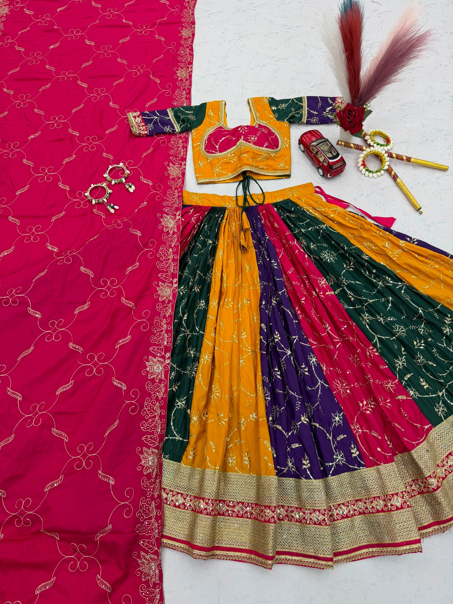 6 Meter Flair Multicolor Panelled Lehenga Choli With Embroidered Dupatta