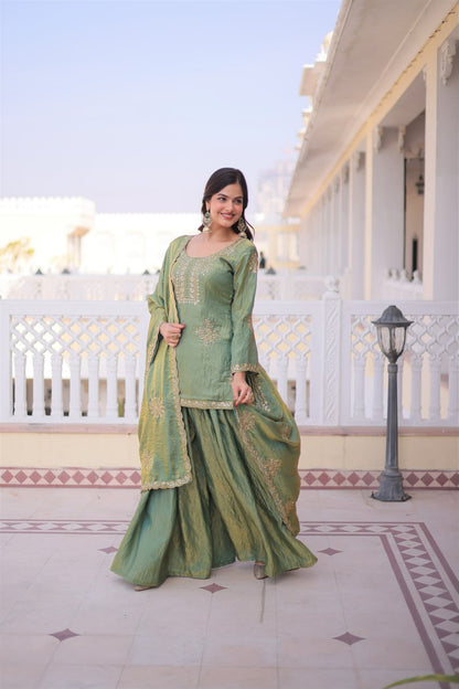 Embroidered Kurta Sharara Set with Zari Work And Dupatta
