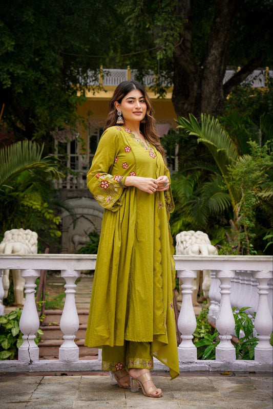 Olive Green Embroidery Anarkali Kurti Set With Dupatta And Pant