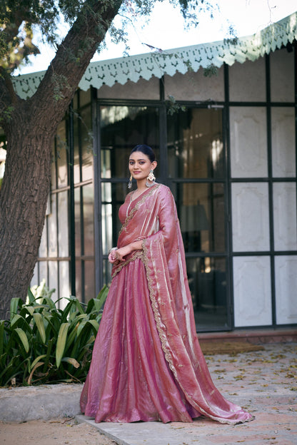 Designer Fendy Silk Lehenga Set With Zari Scallop Border And Attached Drape Dupatta