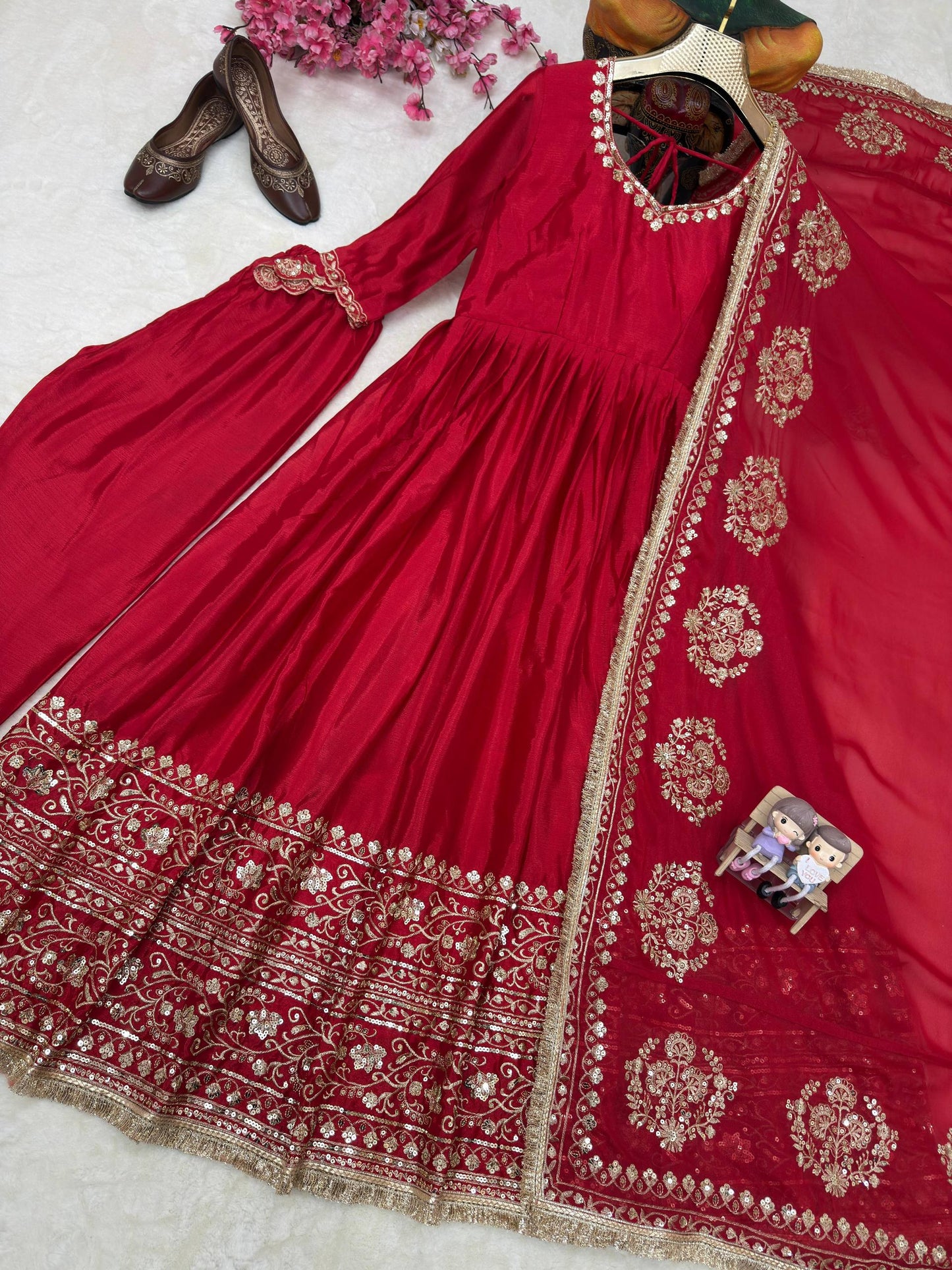 Royal Red Zari Embroidered Anarkali Gown Set With Dupatta