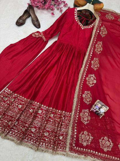 Royal Red Zari Embroidered Anarkali Gown Set With Dupatta