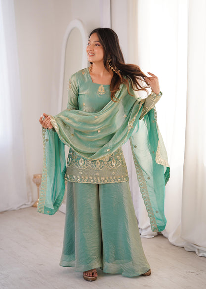 Heavy Gold Zari Embroidered Palazzo Suit Set With Dupatta