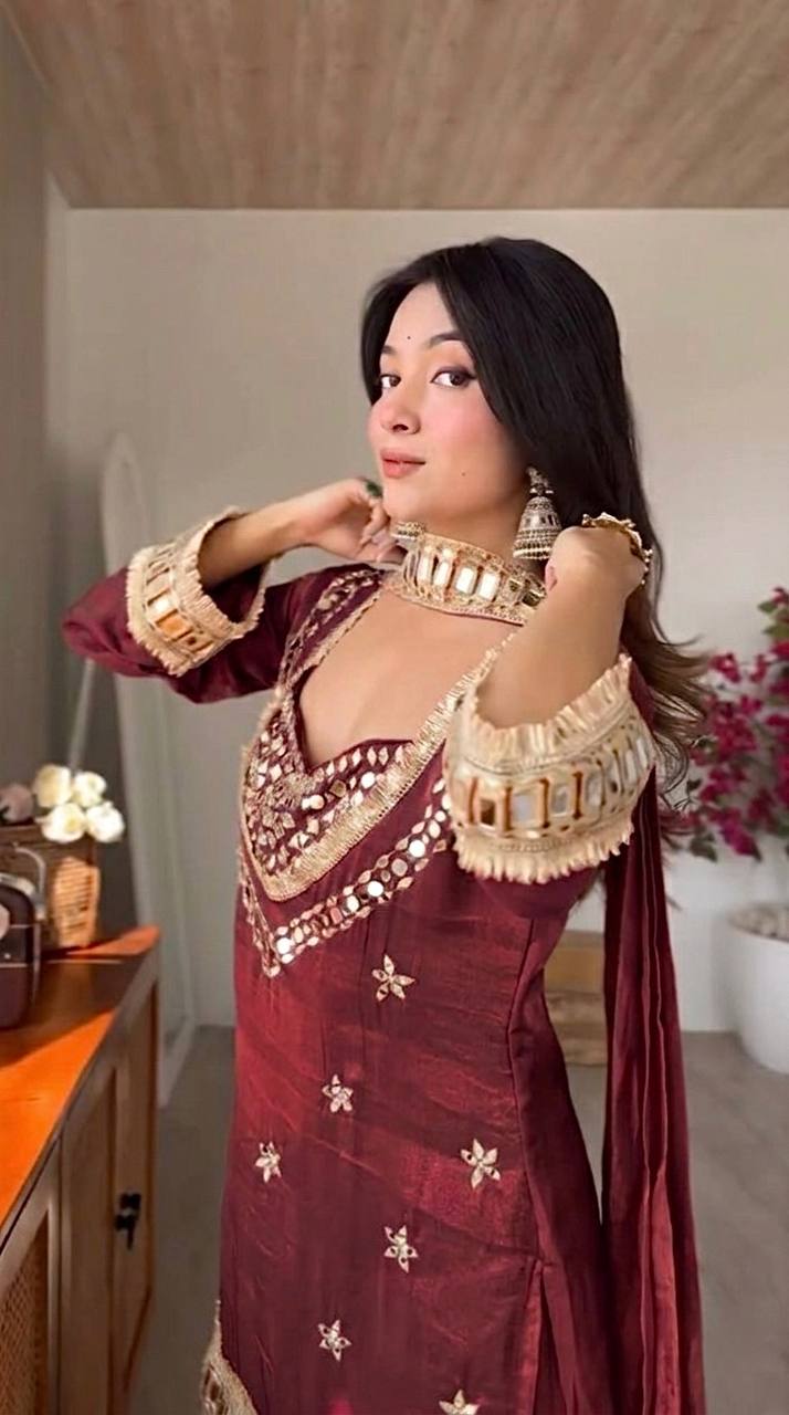 Maroon Silk Sharara Suit With Real Mirror Work And Gold Lace Work