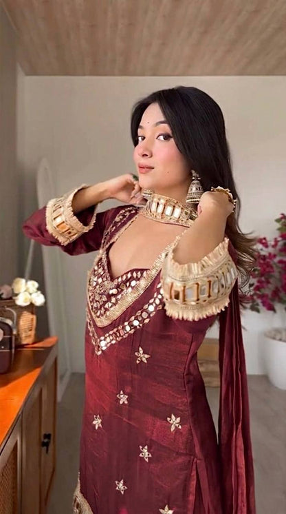 Maroon Silk Sharara Suit With Real Mirror Work And Gold Lace Work