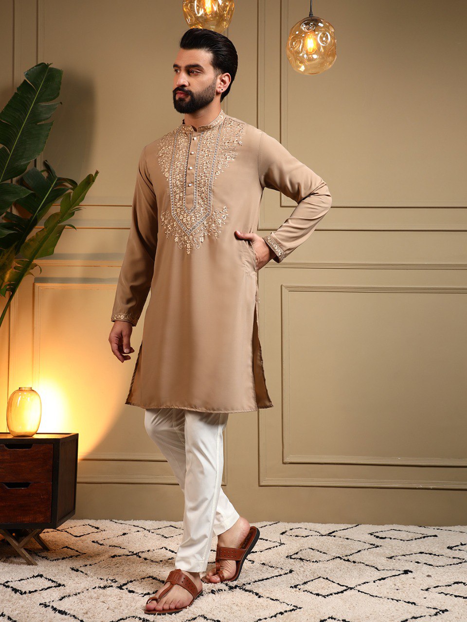 Classic Designer Embroidered Kurta Set For Men With White Pajama