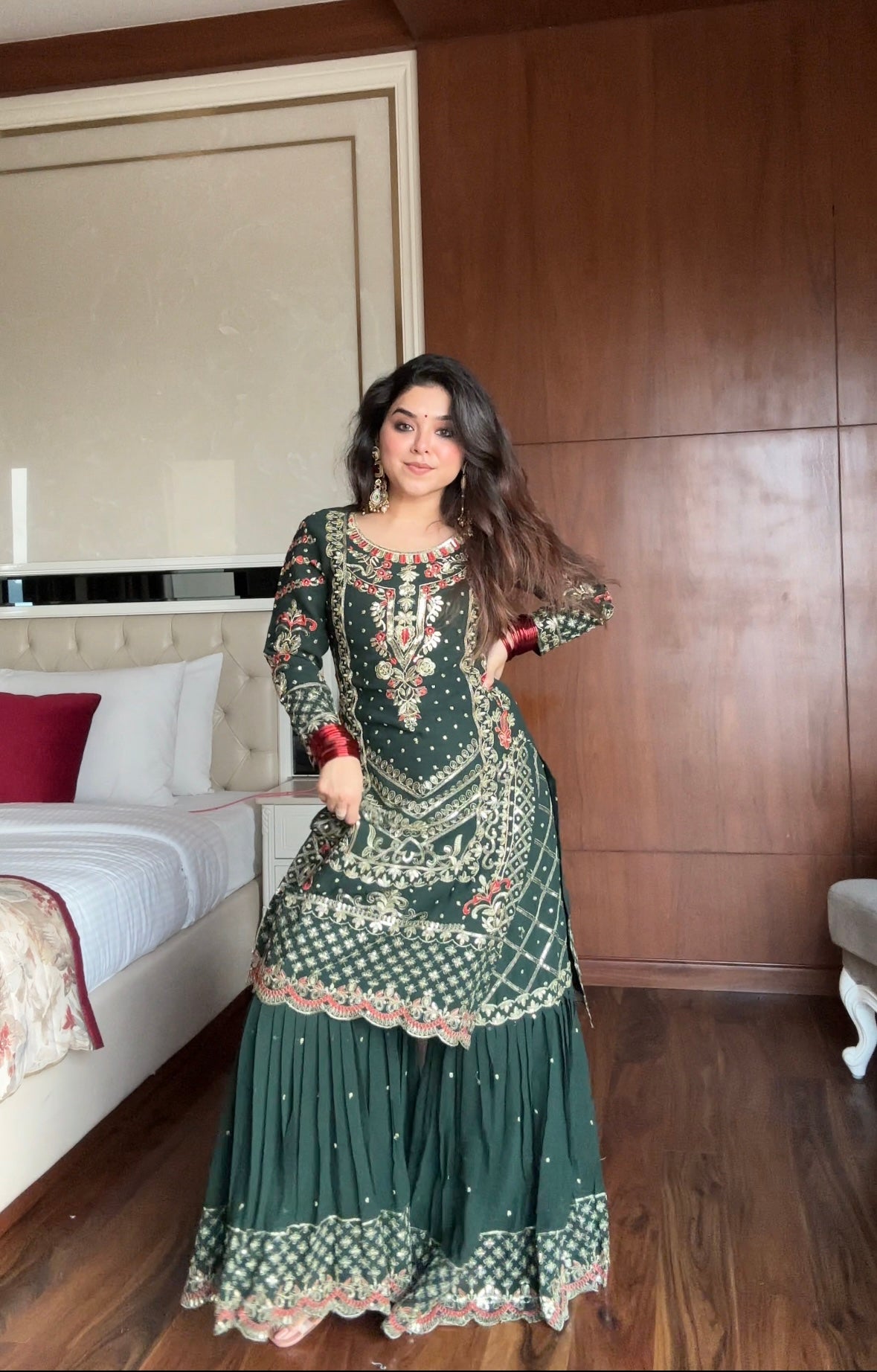 DARK GREEN EMBROIDERED SHARARA SUIT WITH HERITAGE TOUCH