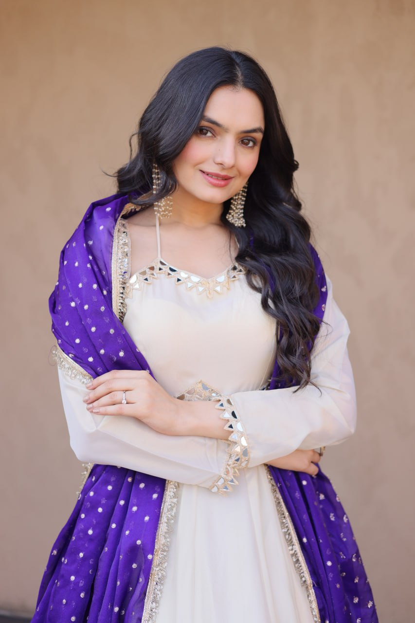 Real Mirror Work Anarkali Gown With Royal Purple Dupatta