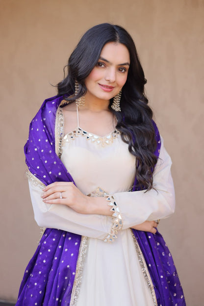 Real Mirror Work Anarkali Gown With Royal Purple Dupatta