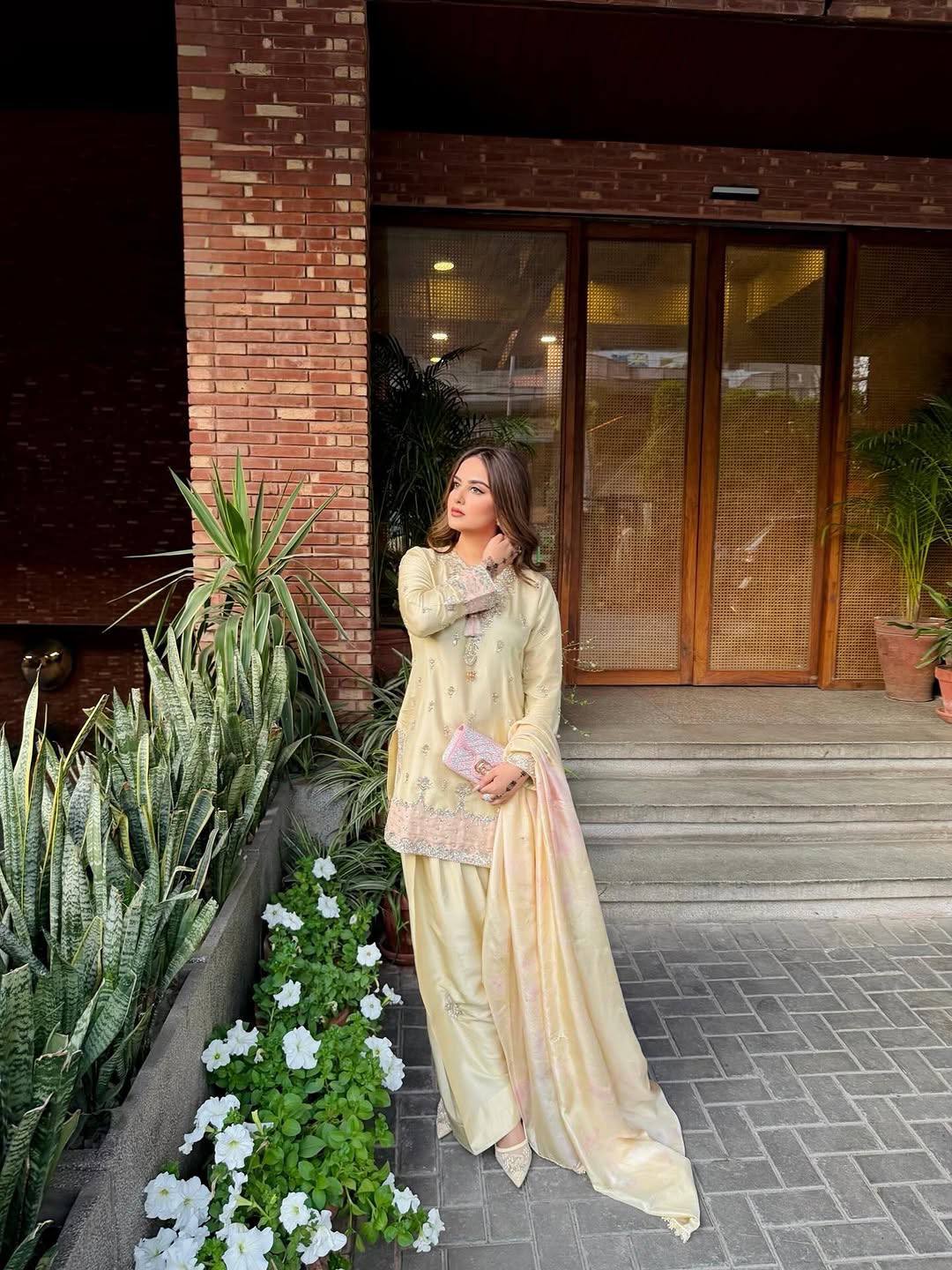 Embroidered Farshi Salwar Suit With Tassel Neckline And Dupatta