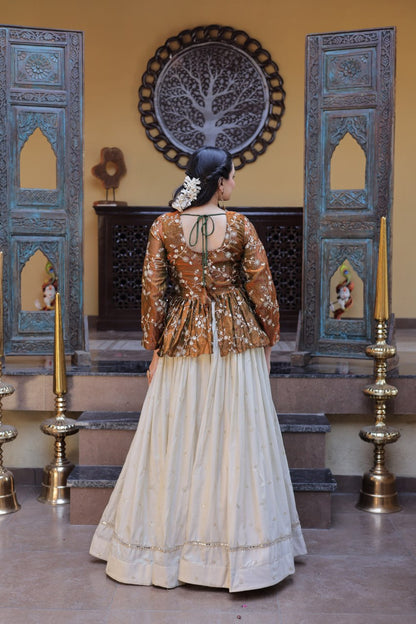 Rust Gold Floral Embroidered Peplum Top With Off-White Lehenga Skirt Set