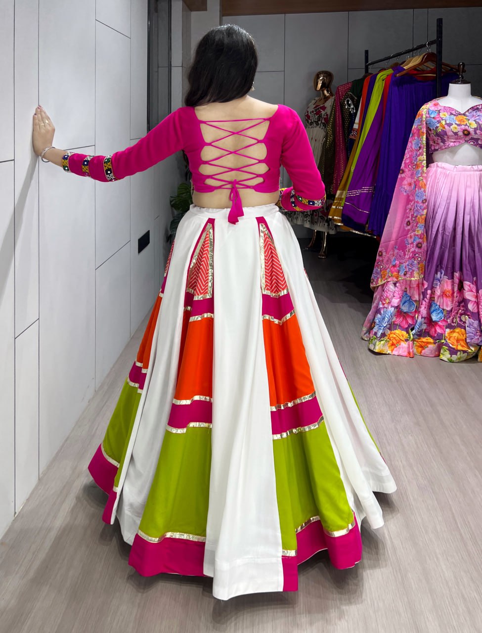 Multicolor Navratri Chaniya Choli with Mirror Work & Patchwork Lehenga