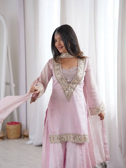 Baby Pink Mirror Work V-Neck Kurta Palazzo Set With Dupatta