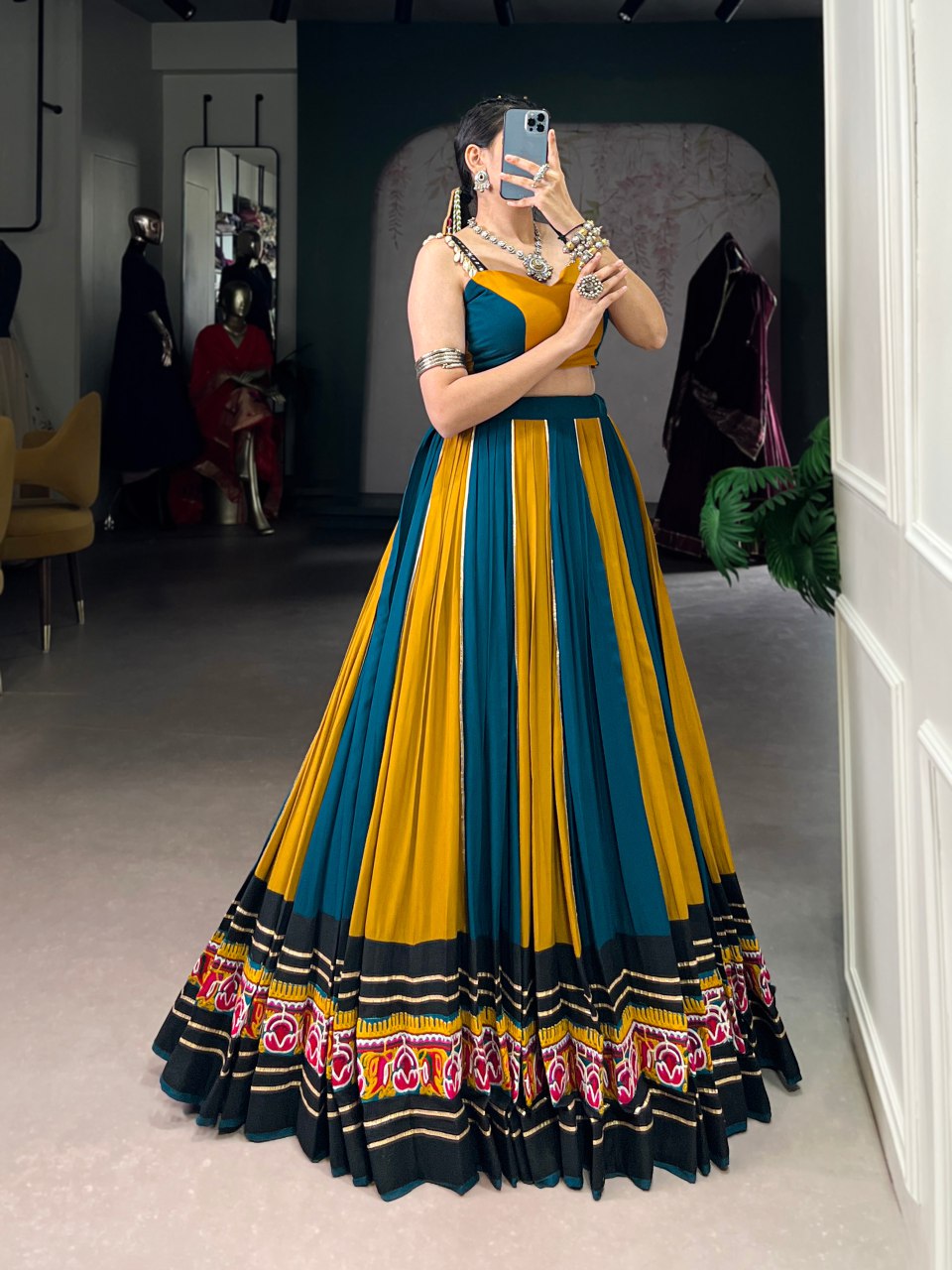 Mustard And Teal Contrast Lehenga Choli With Floral Embroidered Border