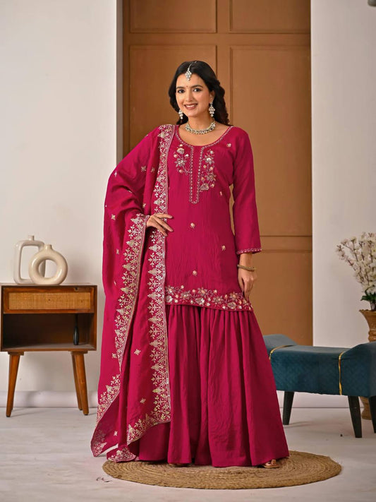 Rani Pink Zari And Sequins Embroidered Sharara Suit Set With Dupatta
