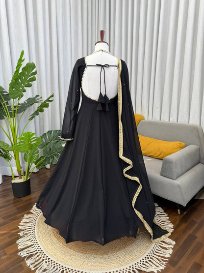 Black Georgette Anarkali Suit Work And Golden Lace Dupatta