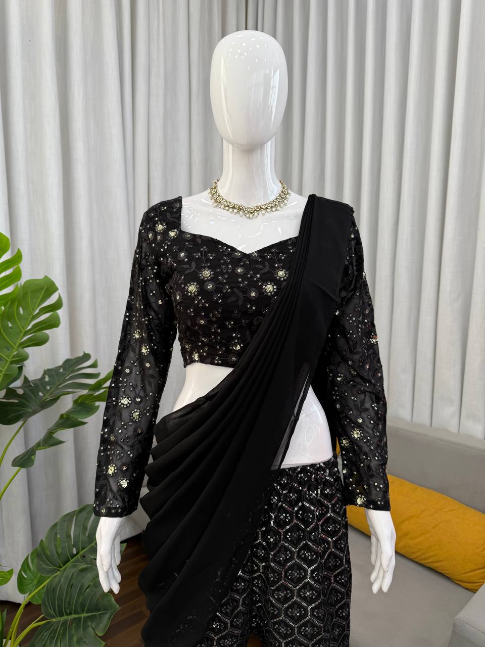 Black Sequined Sharara Suit With Dupatta