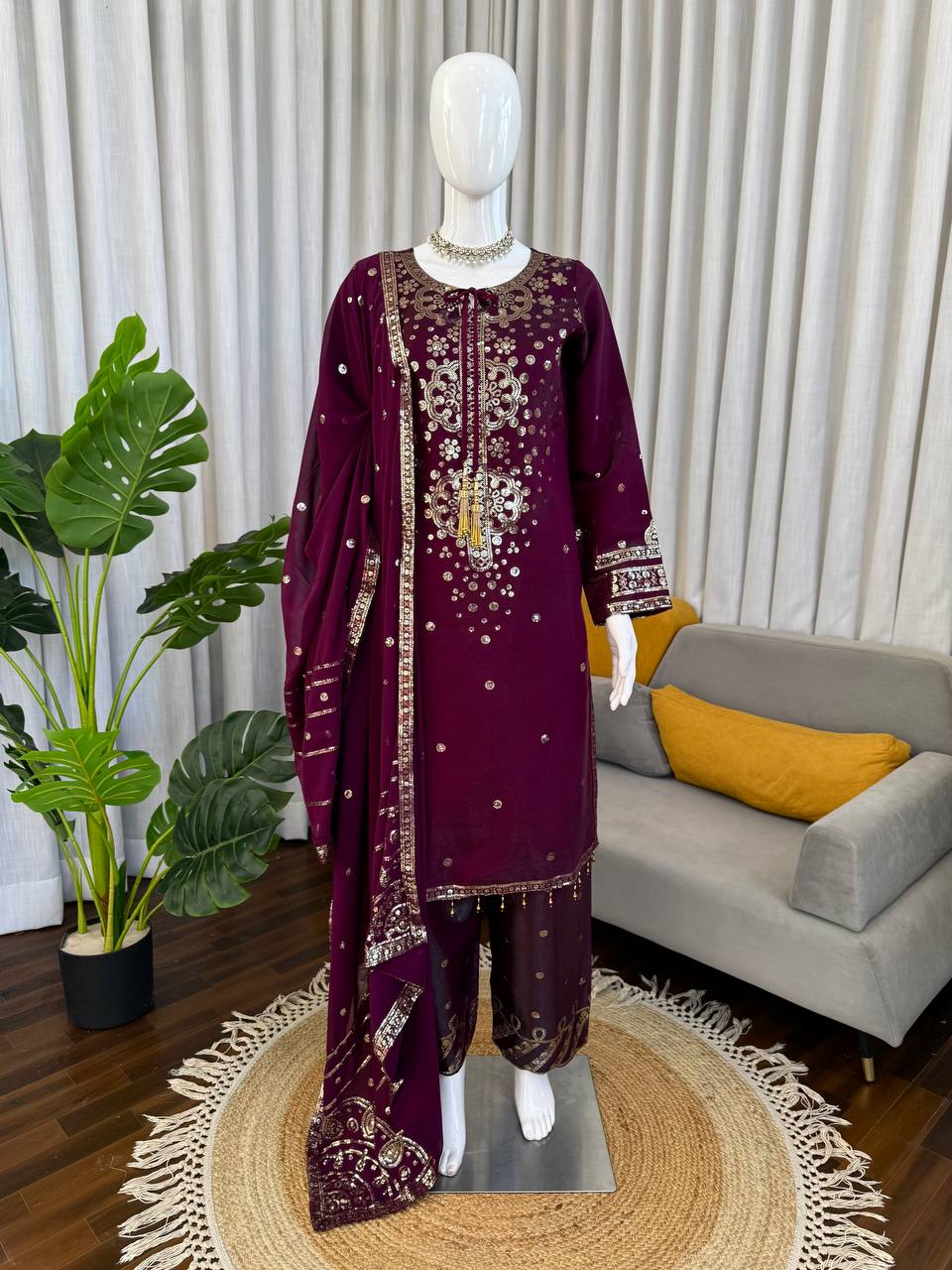 Wine Embroidered Straight Suit Set With Sequin Dupatta