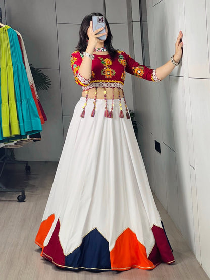 6 Meter Flair White Lehenga Choli With Embroidered Kediya And Multicolor Border