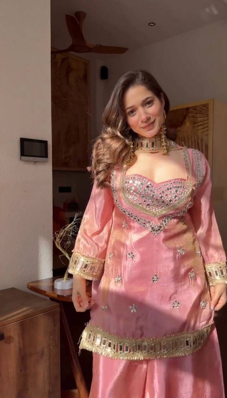 Pink Silk Sharara Suit With Mirror And Gold Lace Work 🎀