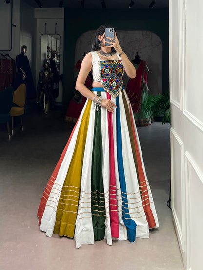 Multicolor Panelled Navratri Lehenga With Gota Patti Work And Mirror Choli