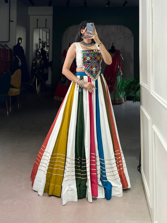 Multicolor Panelled Navratri Lehenga With Gota Patti Work And Mirror Choli