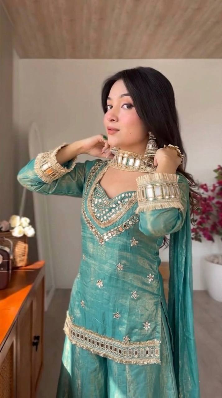 Teal Green Silk Sharara Suit With Real Mirror Work And Gold Lace Work