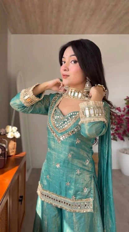 Teal Green Silk Sharara Suit With Real Mirror Work And Gold Lace Work