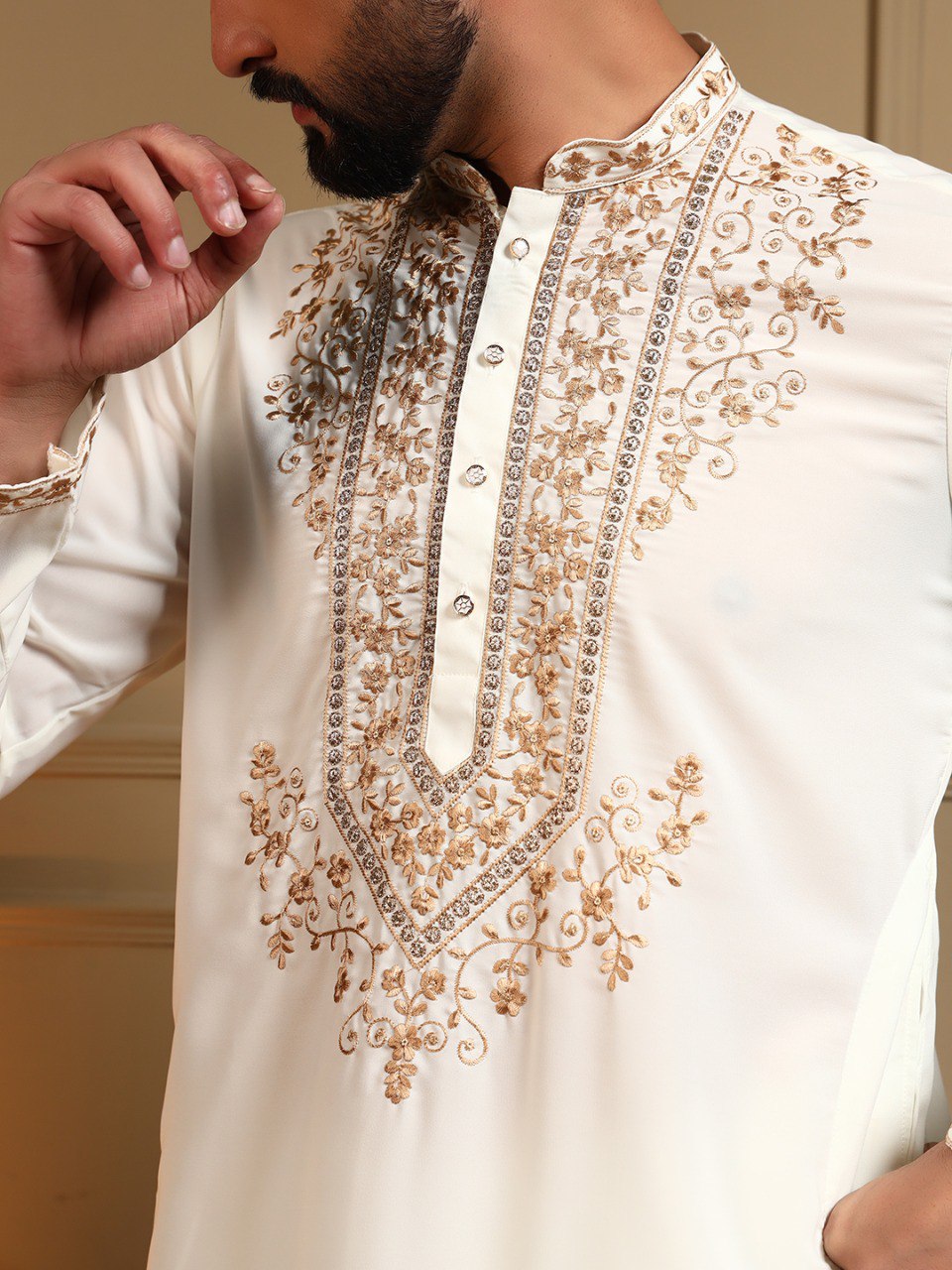 Classic Designer Embroidered Kurta Set For Men With White Pajama