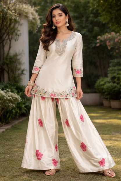 White Silk Floral Embroidery Sharara Suit With Silver Zari Work And Dupatta