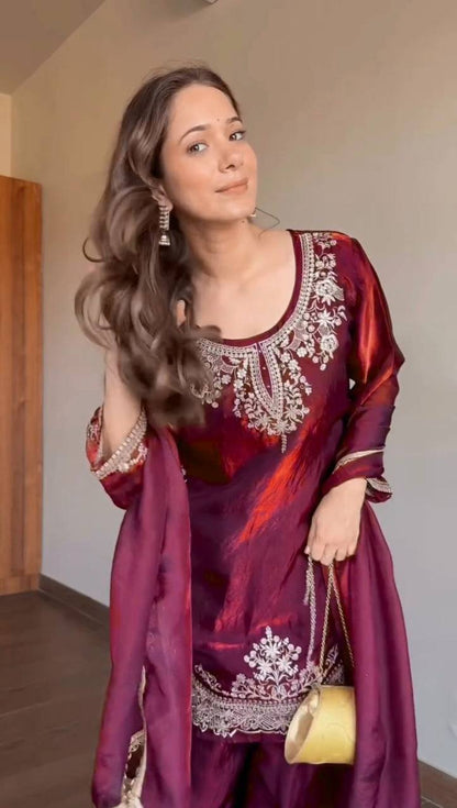 Wine Palazzo Suit With Silver Embroidery