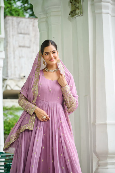 Lavender Georgette Anarkali Gown With Embroidery And Dupatta