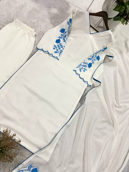 Elegant White Roman Silk Kurti With Blue Floral Embroidery On Sleeves And Matching Dupatta