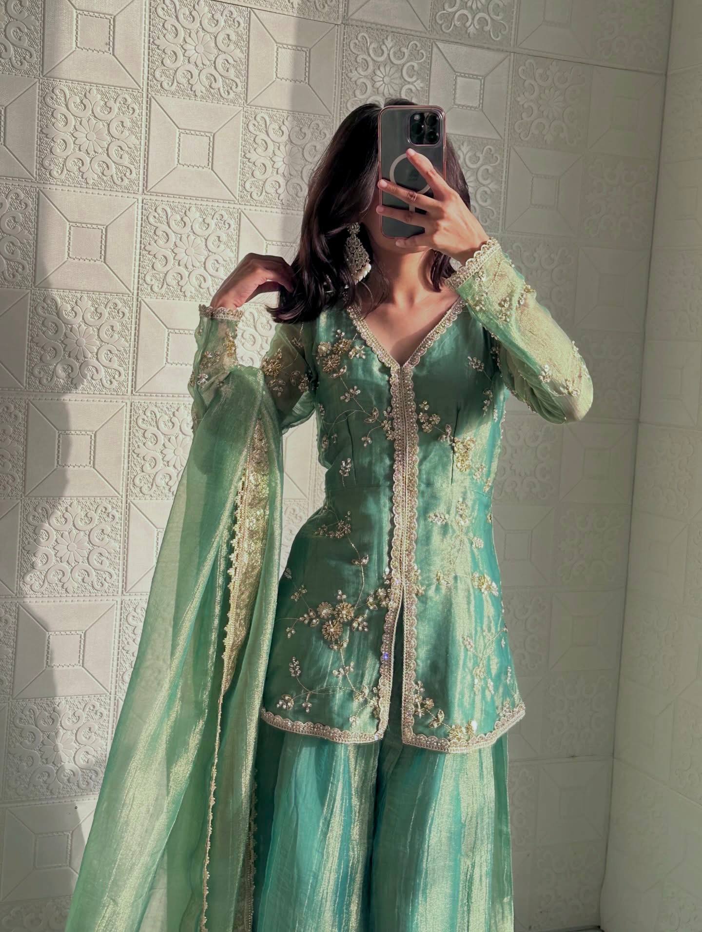 Elegant Green Sharara Suit With Gold Embroidery And Lace