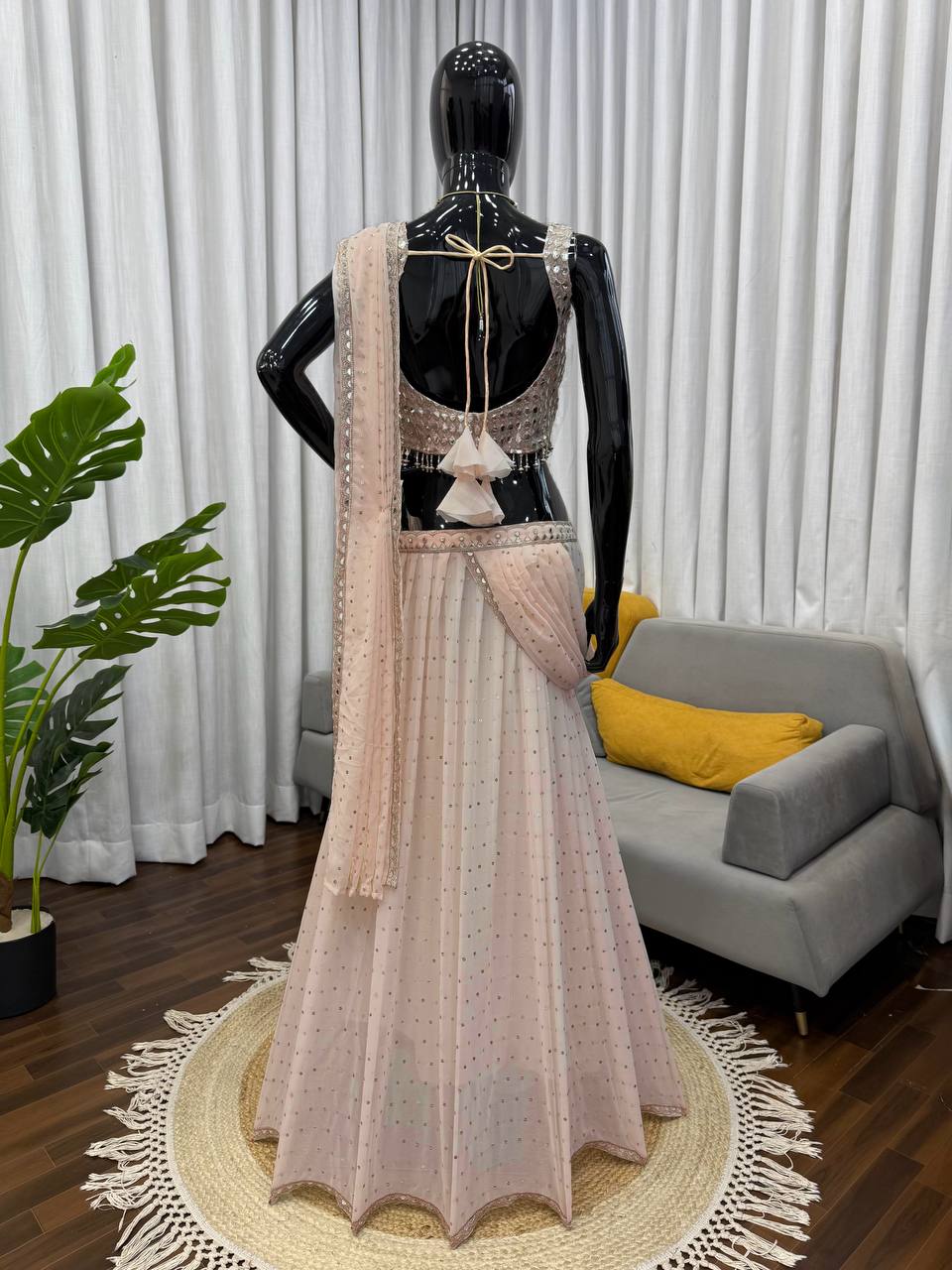 Gold Sequined Ready To Wear Saree With Gold Embroidery Blouse And Mirror Work Draped Ethnic Outfit